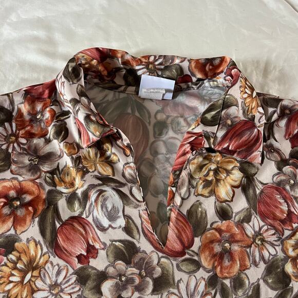 Vtg Y2K 2000s Orange Floral Sketch Pullover Polo Top Sz L Boho Cottagecore - Picture 2 of 8